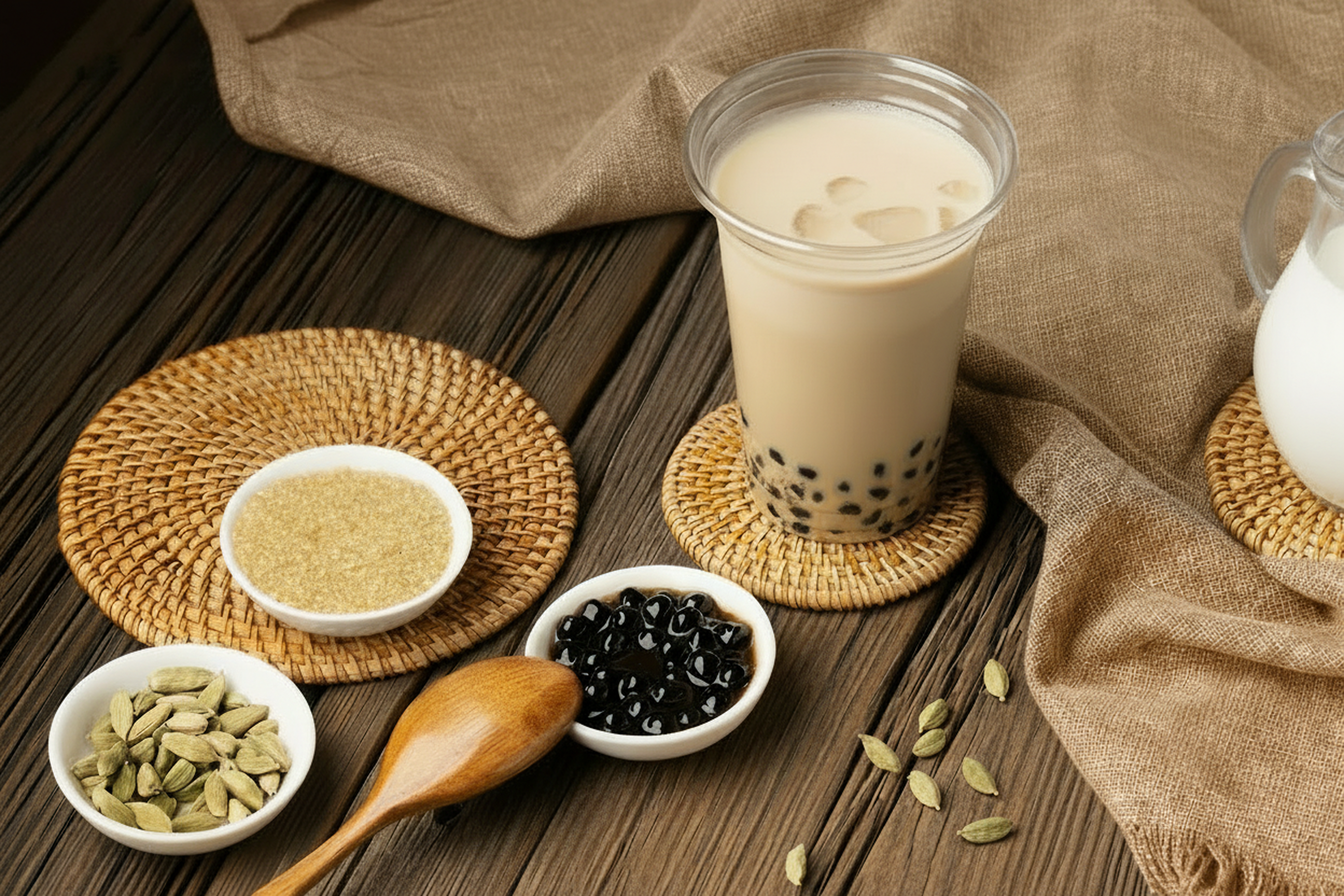 Boba tea with ingredients on a wooden table